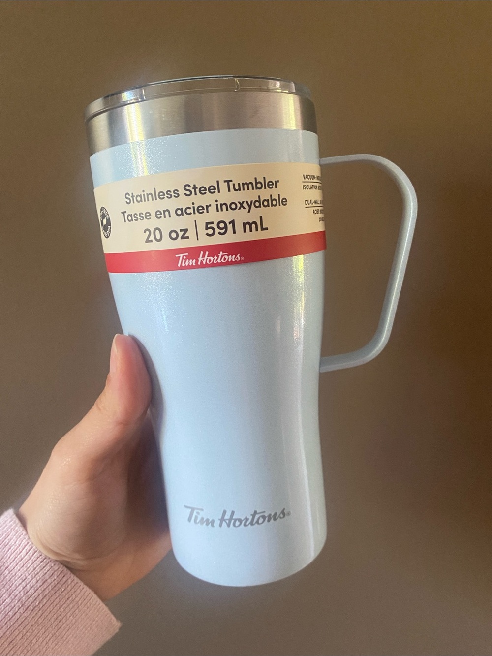 New Tim Hortons Shimmer Light Blue Stainless Steel 20 oz Travel Mug with Handle